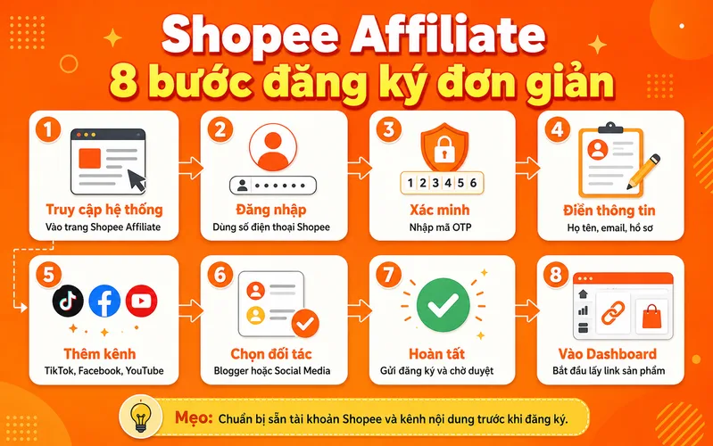 Hướng dẫn đăng ký Shopee Affiliate giúp người mới nắm rõ quy trình từ chuẩn bị tài khoản đến lấy link sản phẩm đầu tiên.